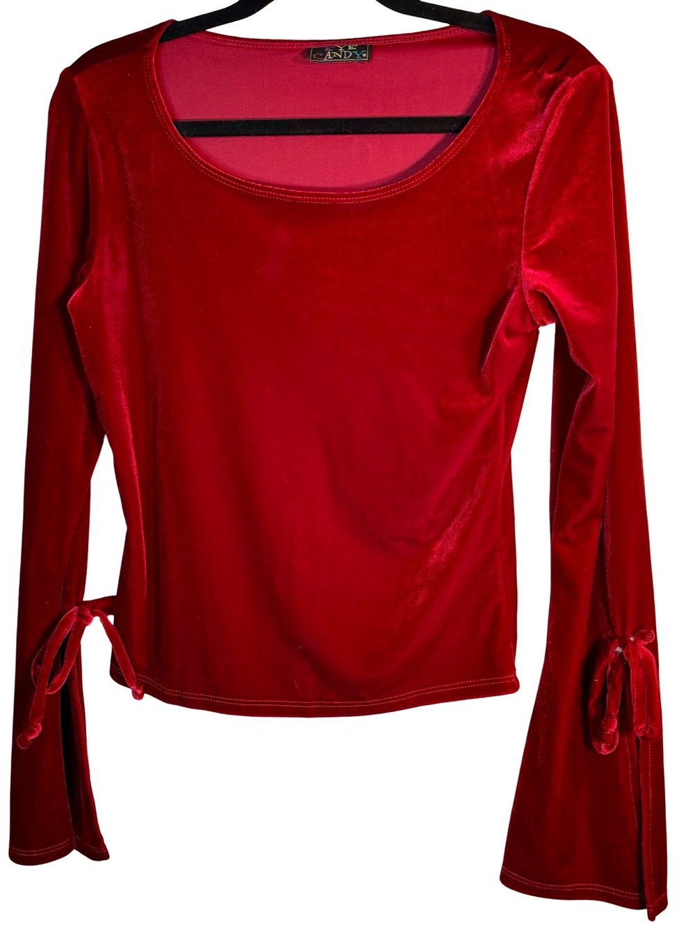 eye candy Red Velvet Long-Sleeve Scoop Neck Top with Tie Sleeves